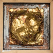 Municipal Court, 2016. Oil , variegated, gold leaf on cigar box, 12.5 x 12.5 “, framed
